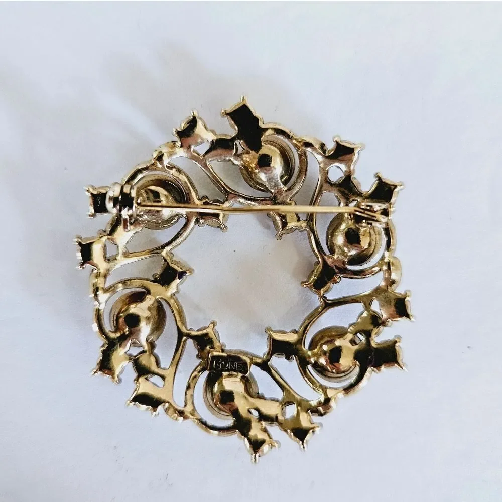 Vintage Signed Monet Openwork Pink Green Rhinestone Circular Wreath Brooch Pin